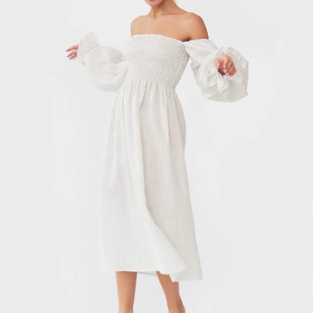 Sleeper Off-Shoulder White Midi Dress with Puff Sleeves